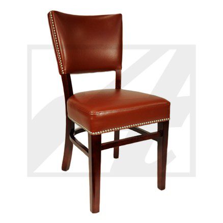 Elegant wooden chair with brown leather upholstery.