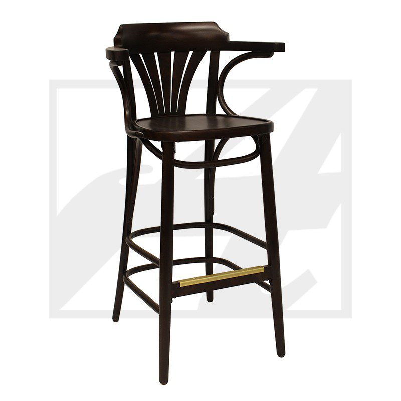 Wooden high chair with a dark finish and a small tray.
