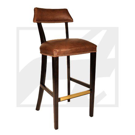 Wooden bar stool with brown leather seat and backrest.