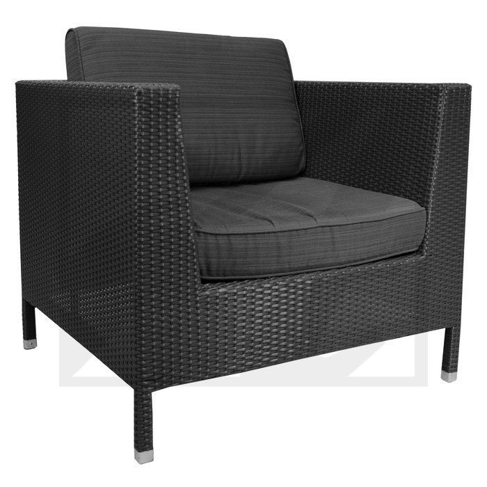 Modern black woven armchair with metal legs.