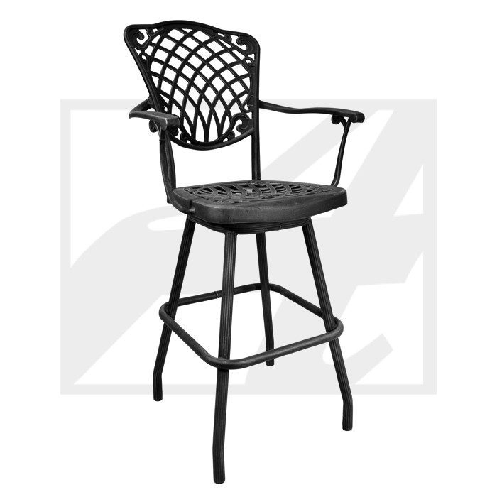 Black metal high chair with armrests and a curved backrest.