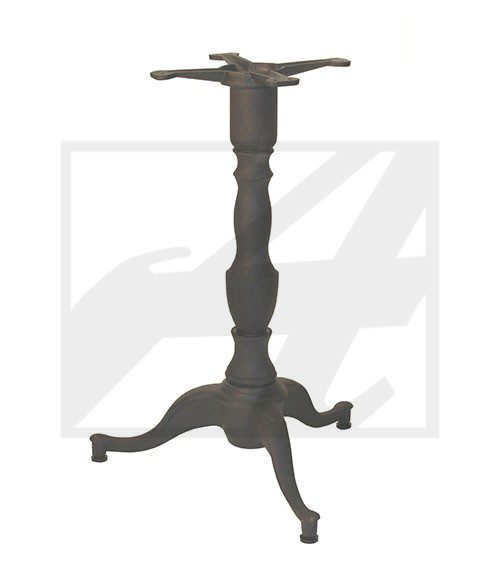 Black cast iron tripod table base with an adjustable top plate.