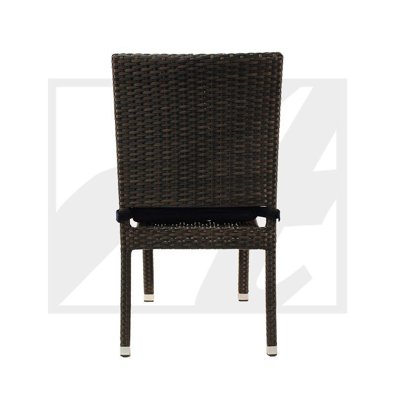 Back view of a dark wicker chair with metal legs.