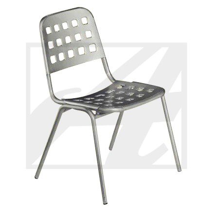 Modern metal chair with perforated seat and backrest.