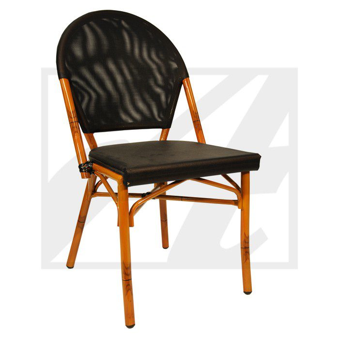 Black and brown chair with a woven backrest and seat.