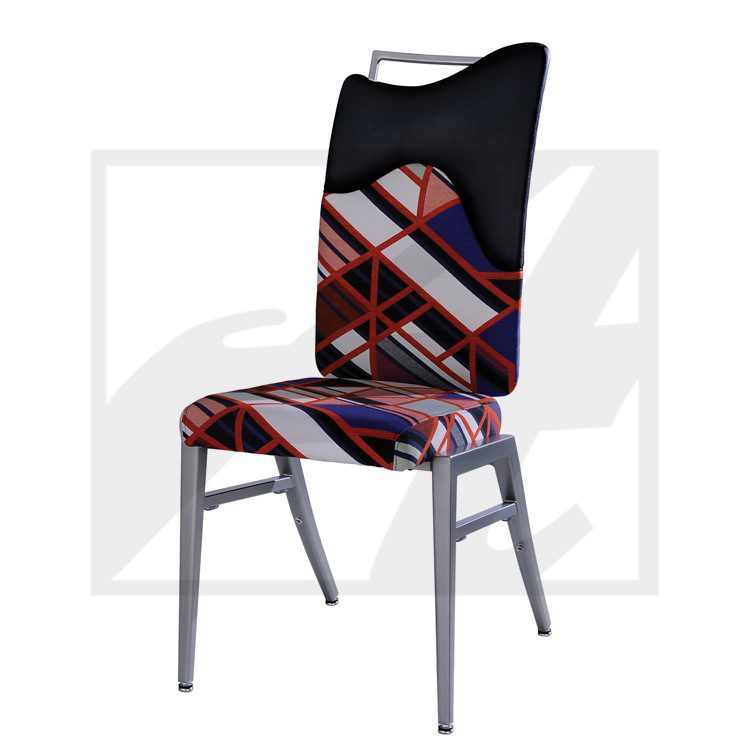 Modern chair with a stylish black and red plaid fabric seat and backrest.