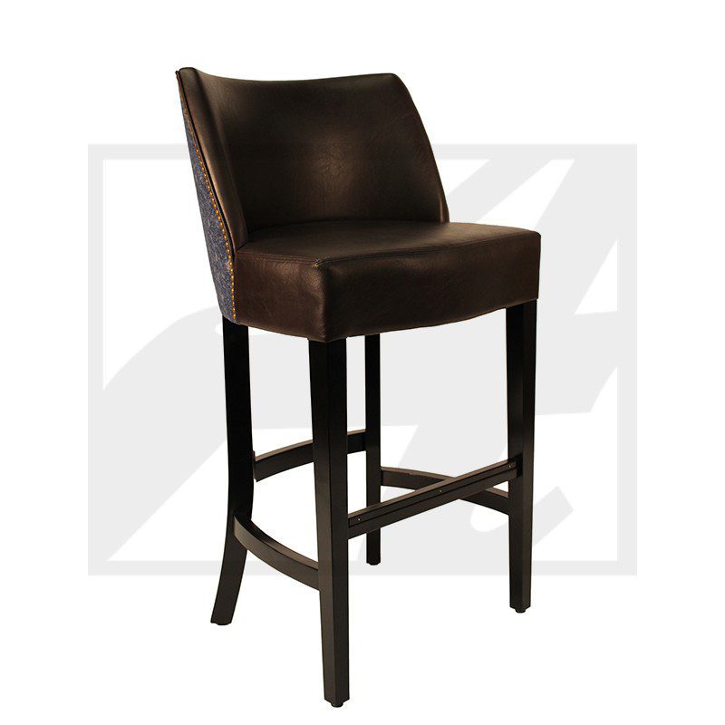 Dark brown leather bar stool with wooden legs and footrest.