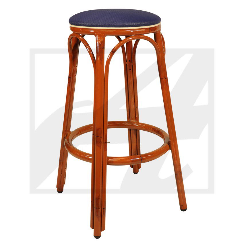 Tall wooden bar stool with a round cushioned seat.