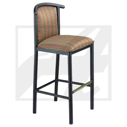 Black metal bar stool with a cushioned seat and backrest.