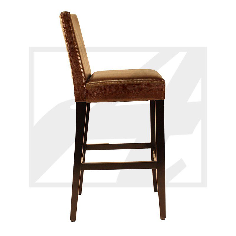 Side view of a brown upholstered bar stool with wooden legs.
