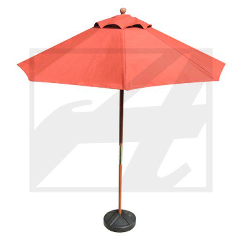 A red patio umbrella with a black base.