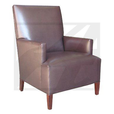 Brown leather armchair with wooden legs.