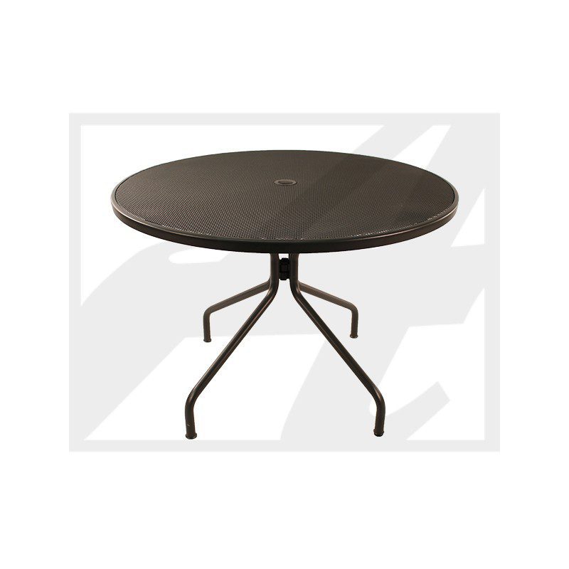 Round black metal table with tripod legs.
