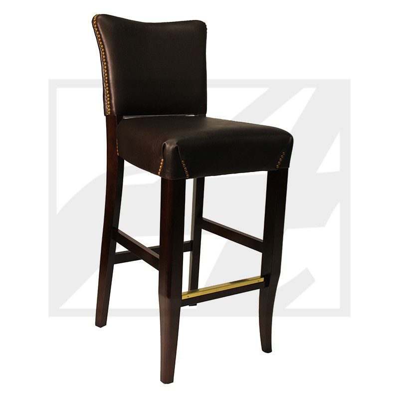 Elegant dark brown bar stool with cushioned seat and backrest.