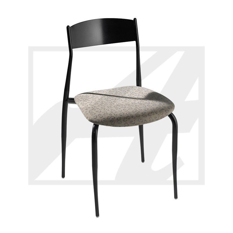 Modern black chair with a cushioned beige seat.