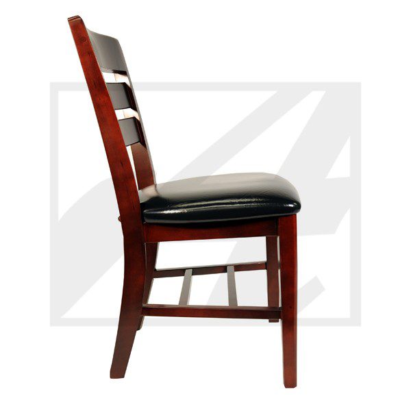 Wooden chair with cushioned black seat and backrest.