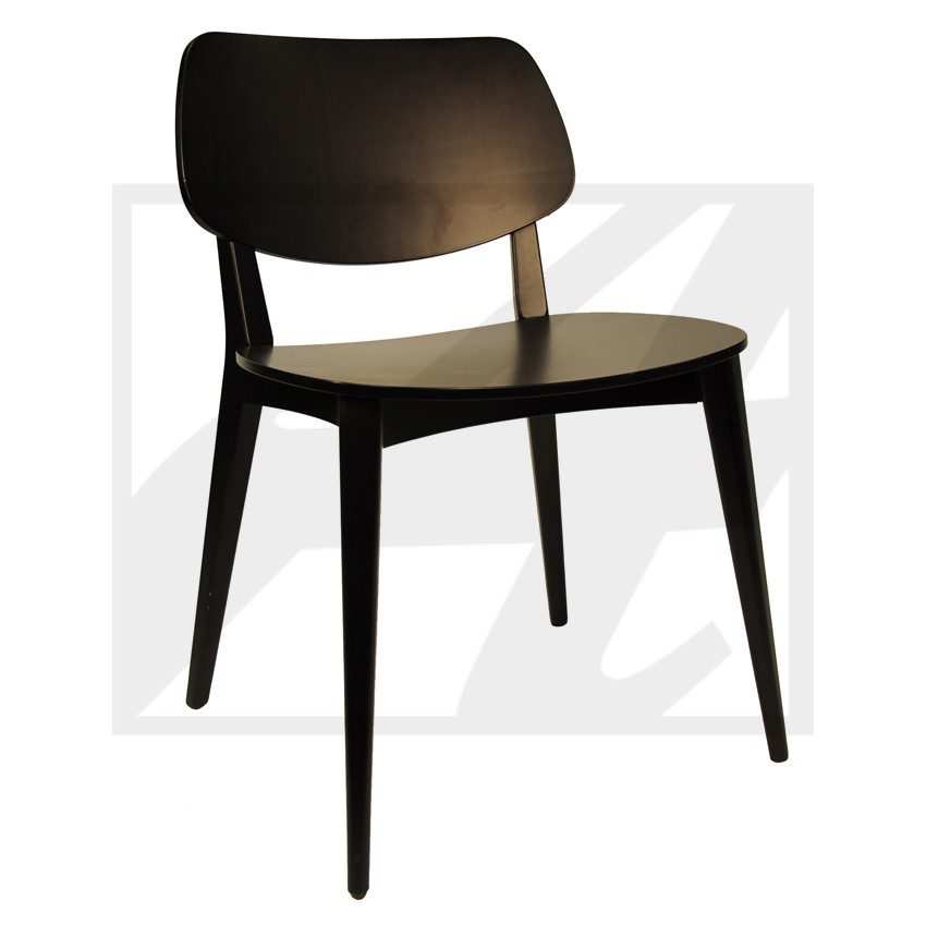Modern black wooden chair with a curved backrest and simple design.