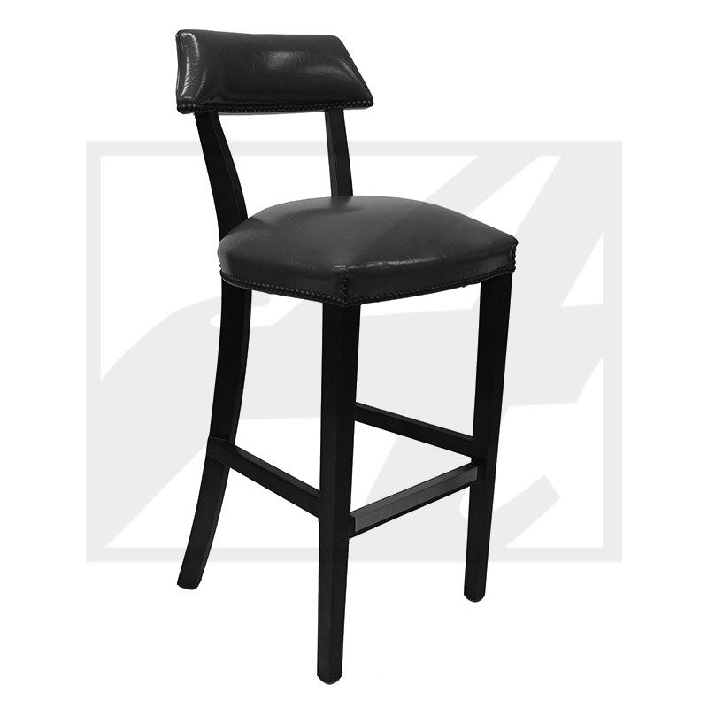 Black wooden bar stool with backrest and cushioned seat.