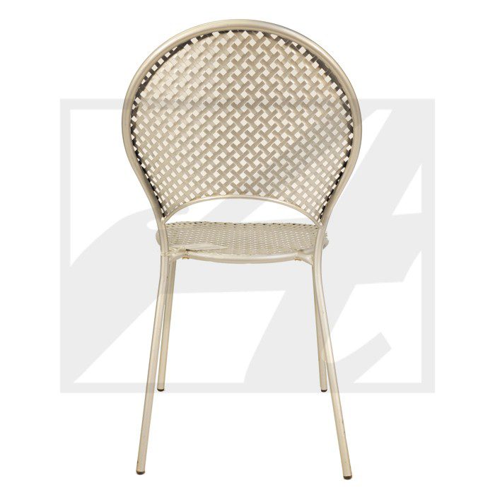Beige woven chair with a rounded backrest and four legs.