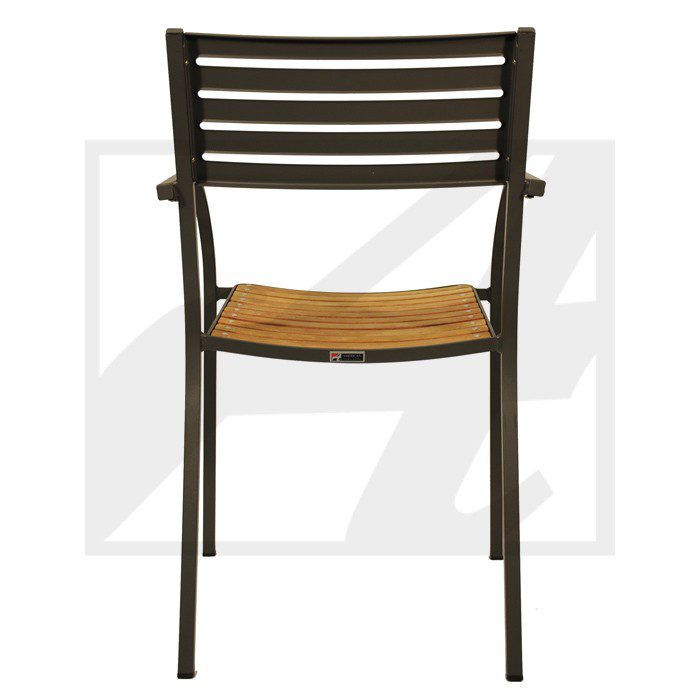 A modern chair with a metal frame and wooden seat.