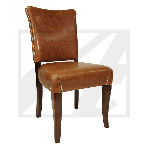 Brown leather upholstered dining chair with wooden legs.