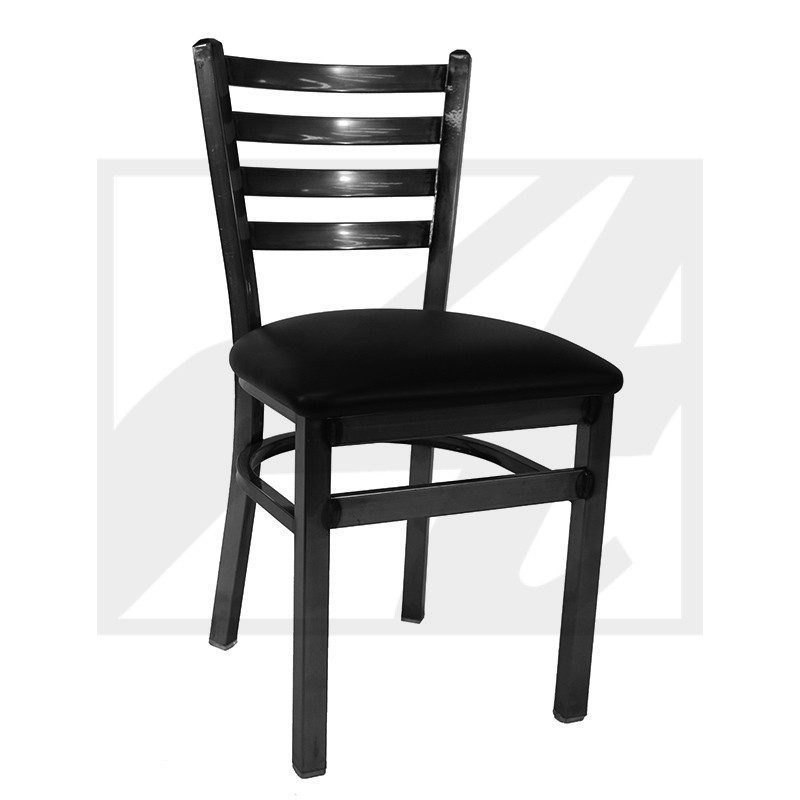 Black wooden chair with a cushioned seat and ladder back design.