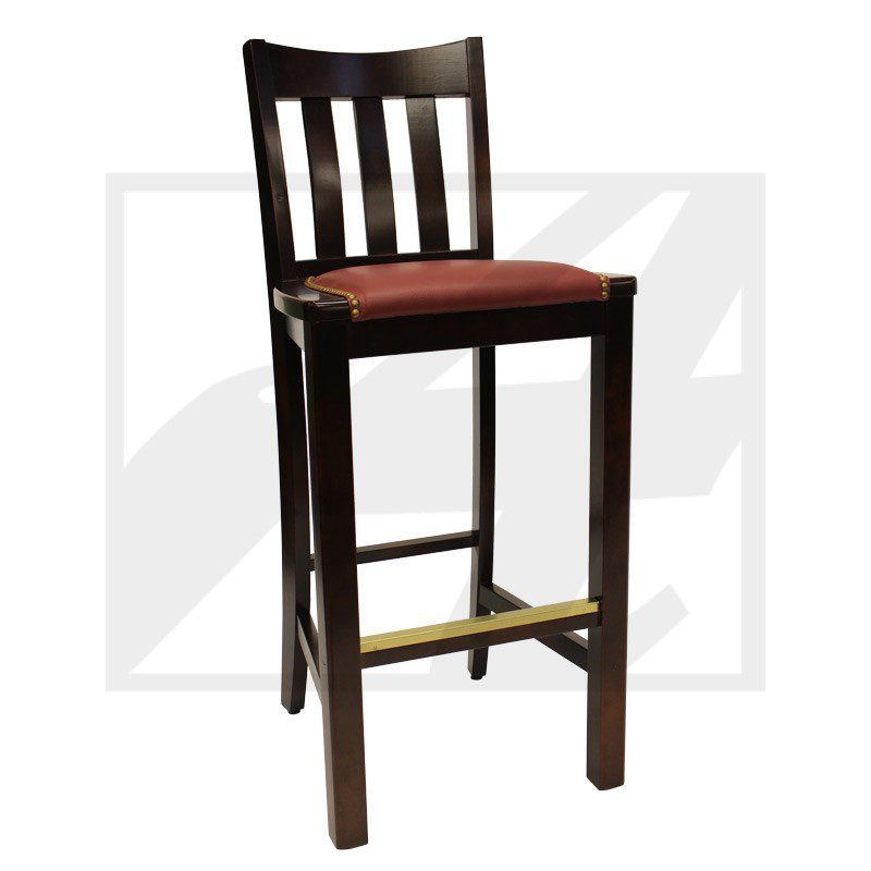Tall wooden bar stool with a cushioned seat and backrest slats.