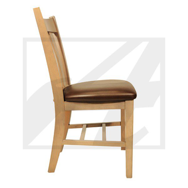 Wooden chair with brown cushioned seat and backrest.