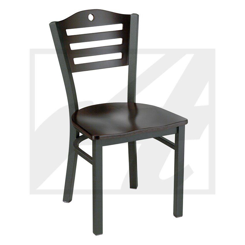 Simple black wooden chair with a slatted backrest.