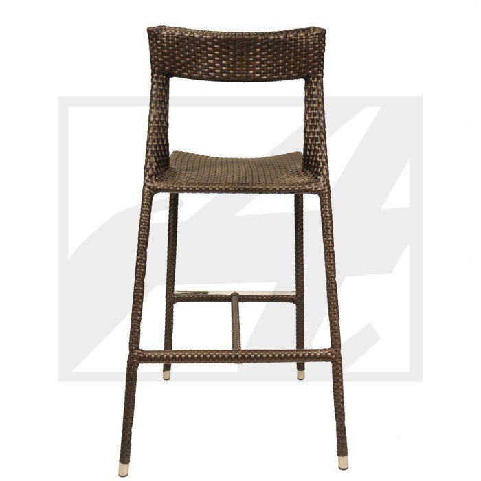 Woven rattan bar stool with metal legs and footrest.