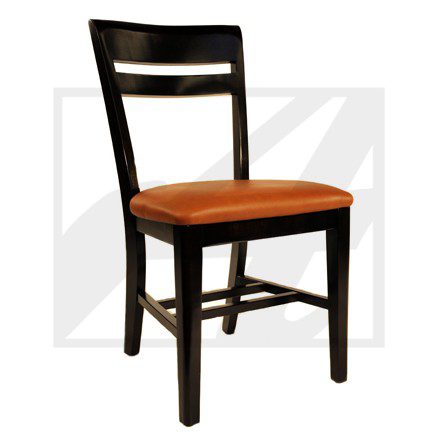 Wooden chair with a cushioned brown seat and a black frame.