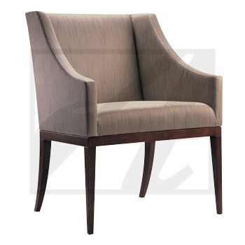 Elegant gray upholstered armchair with wooden legs.