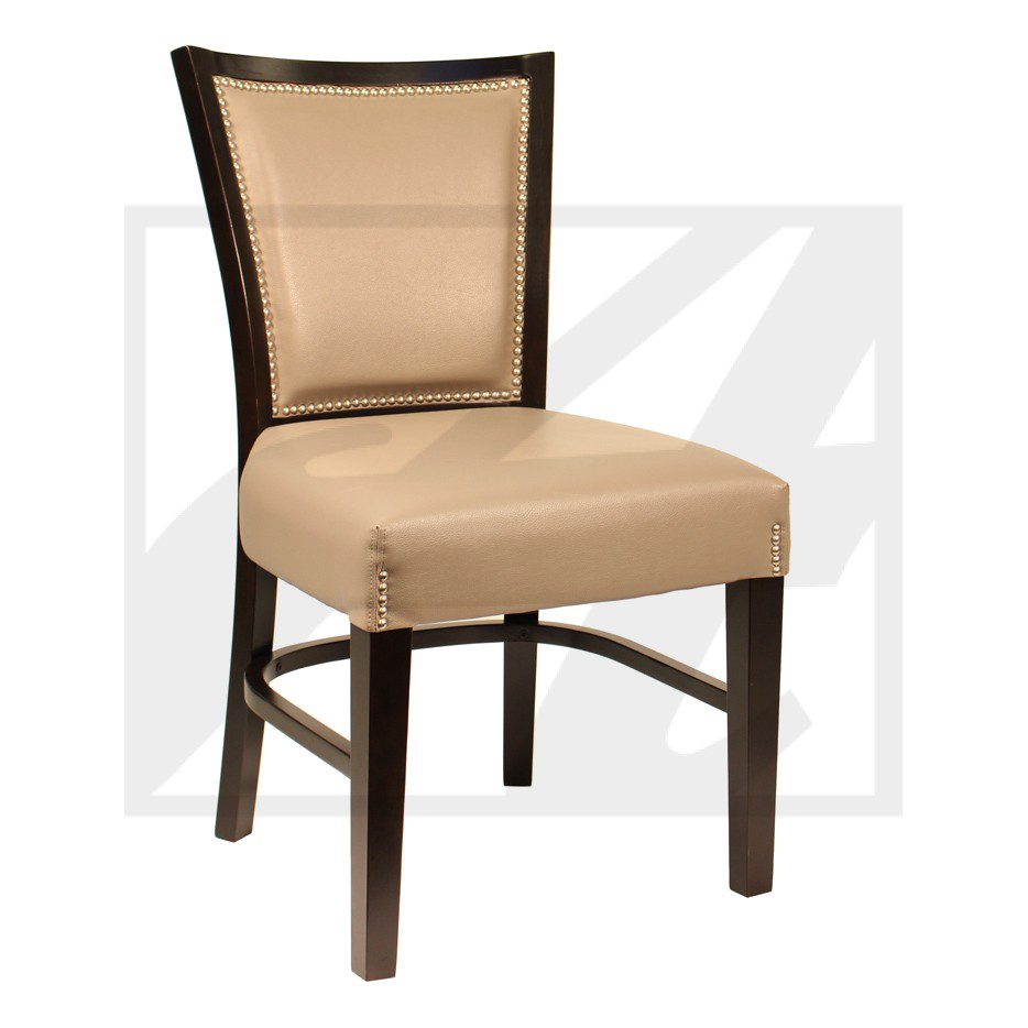 Elegant beige upholstered dining chair with dark wooden frame.