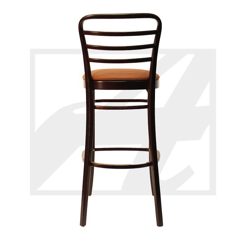 Tall wooden bar stool with a curved backrest and cushioned seat.