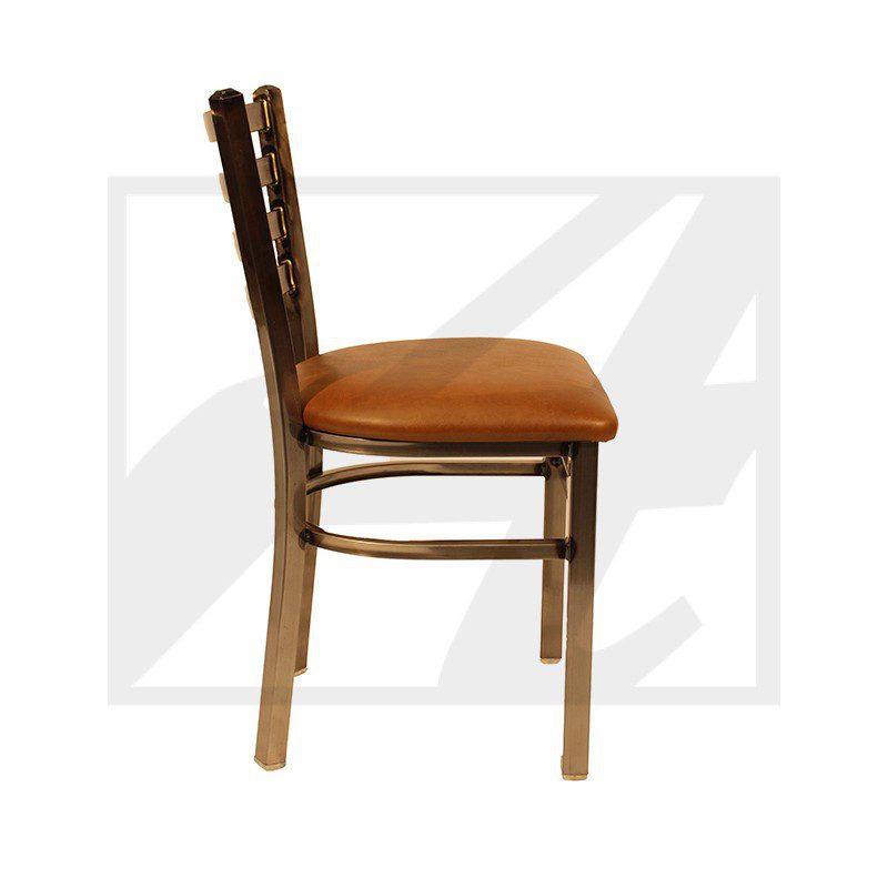 Side view of a wooden chair with a cushioned seat.