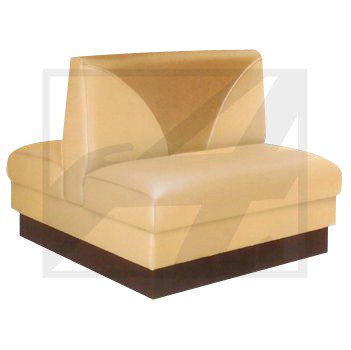 A modern beige booth-style sofa with a wooden base.