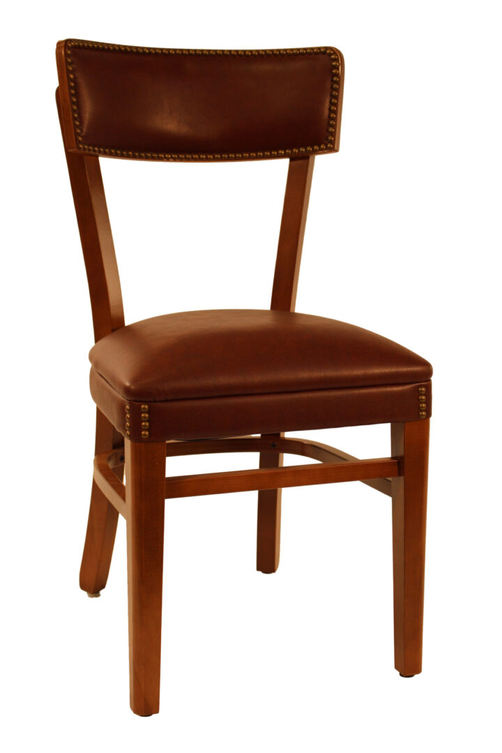 Classic wooden chair with cushioned brown seat and curved backrest.