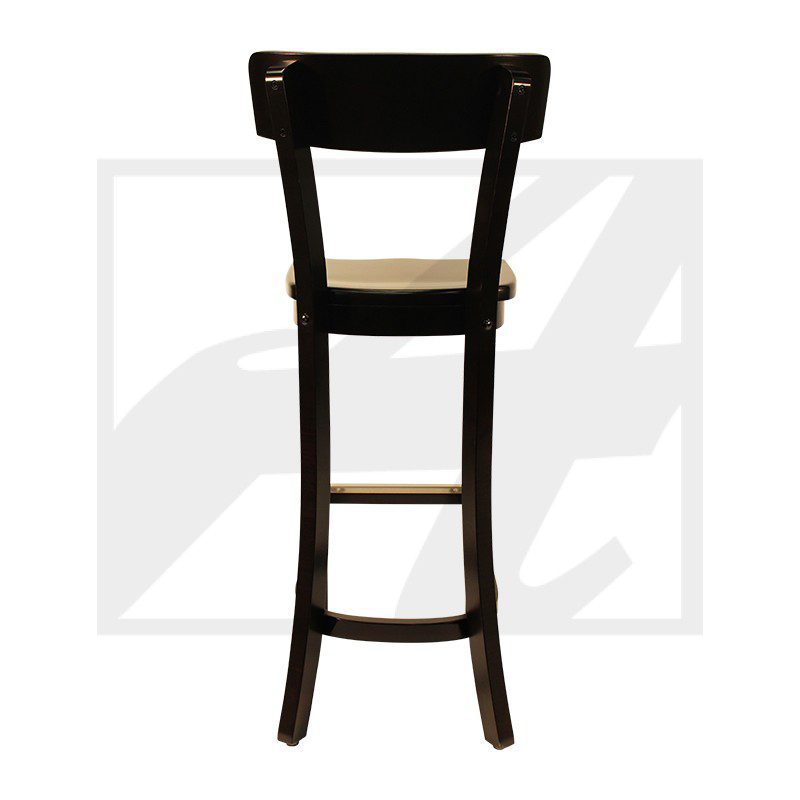 Tall wooden bar stool with a black seat and backrest.