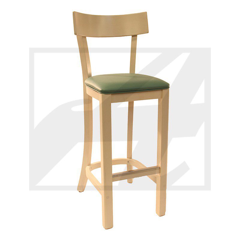 Wooden bar stool with a green cushioned seat and backrest.