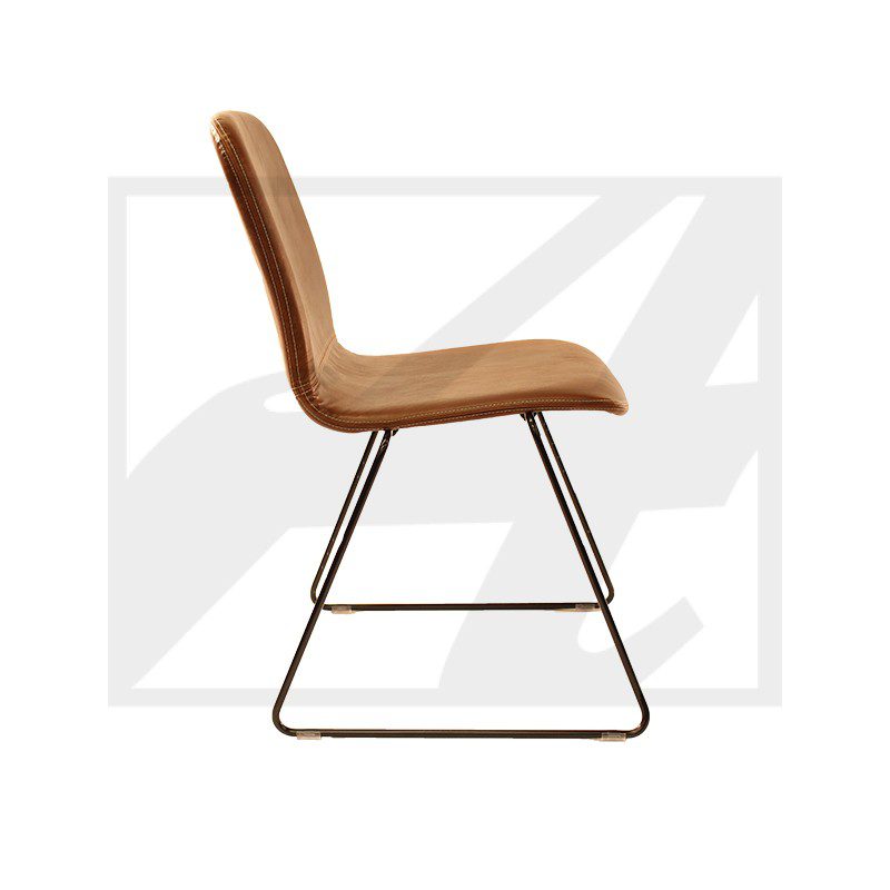 Modern brown upholstered chair with metal sled legs.