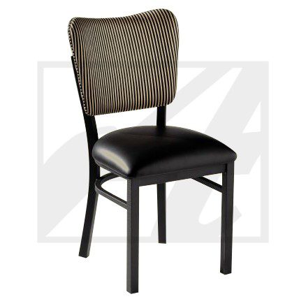 Black dining chair with cushioned seat and curved backrest.