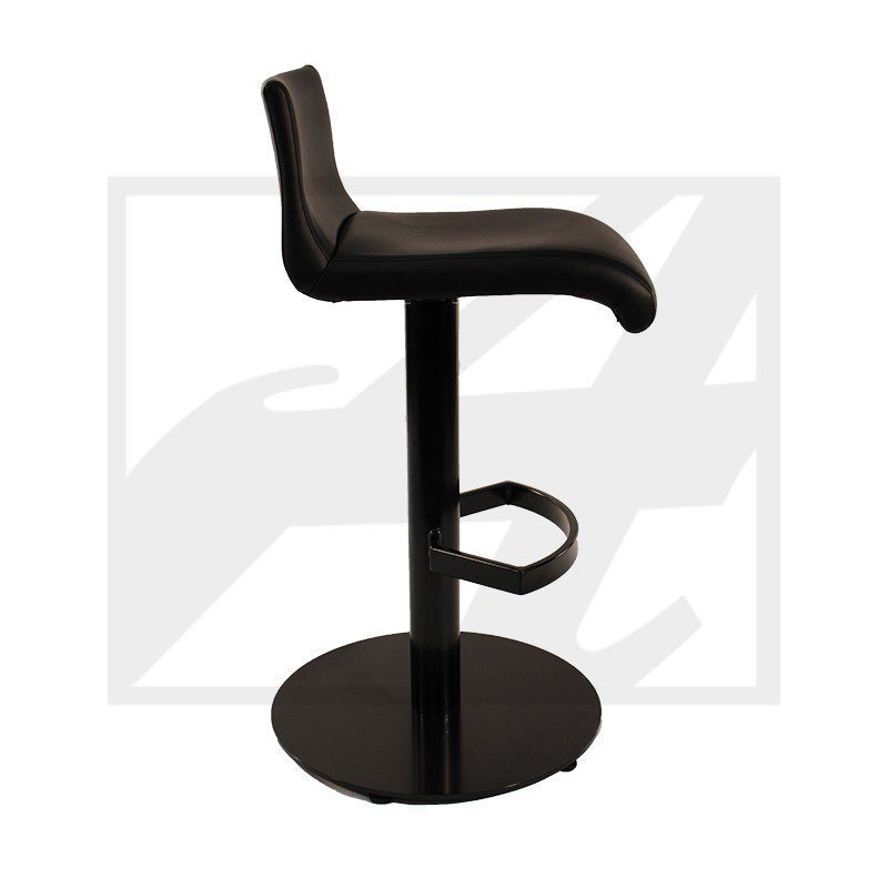 Modern black bar stool with a curved seat and footrest.