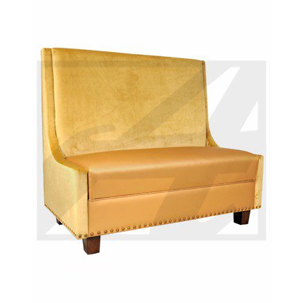 A mustard-yellow upholstered bench with a high backrest and wooden legs.