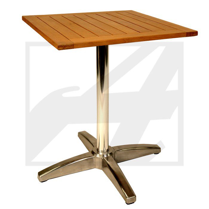 Square wooden table with metal base and four legs.