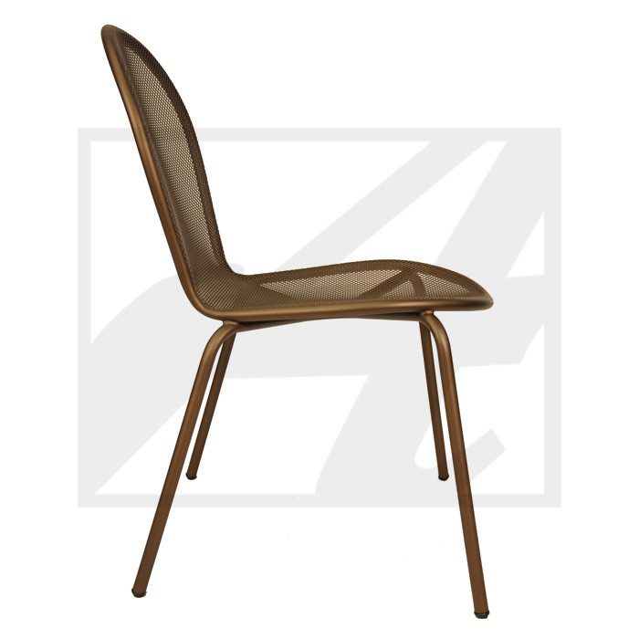 Side view of a modern brown upholstered chair with metal legs.