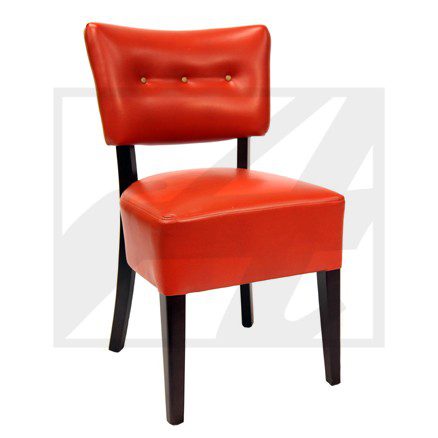 Elegant red upholstered chair with dark wooden legs.