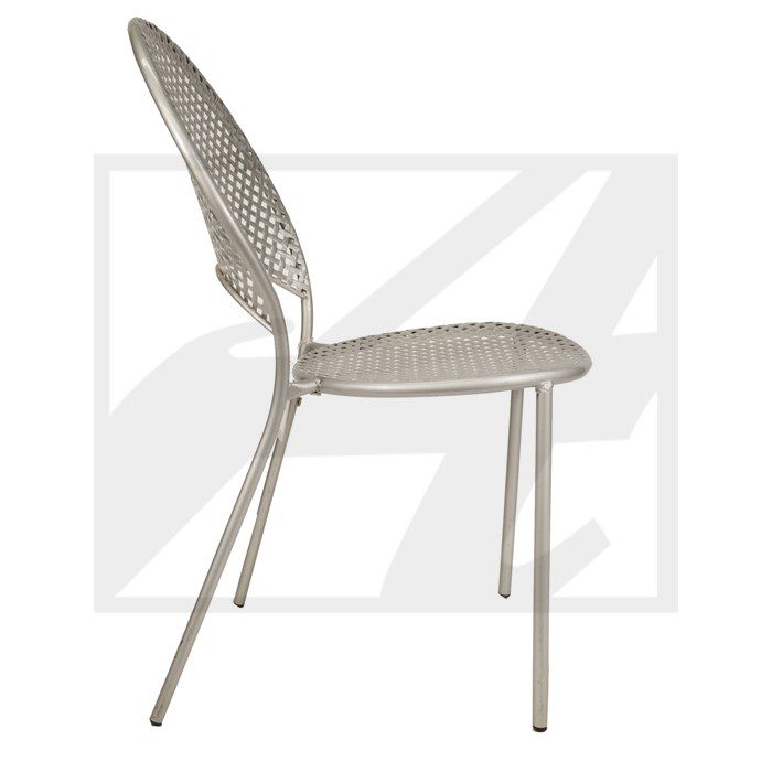 Modern metal chair with a mesh design and angled legs.