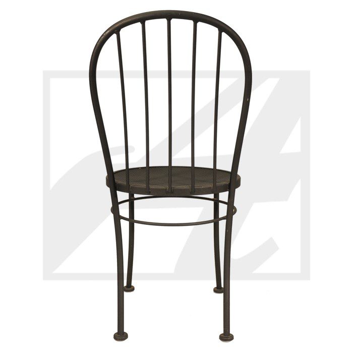 A simple black metal chair with a curved back and vertical bars.