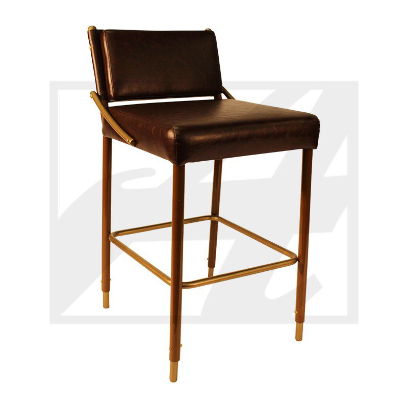 Elegant brown leather bar stool with wooden legs and backrest.