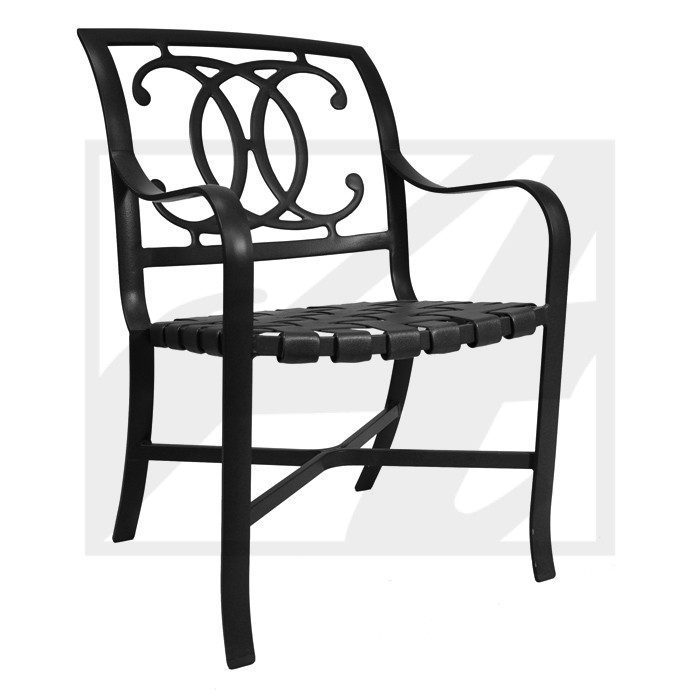 Black metal garden chair with decorative circular backrest design.